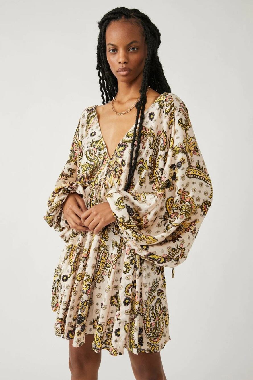 New Free People Arzel Printed Mini Dress $148 X-SMALL Tea Combo Long Sleeve